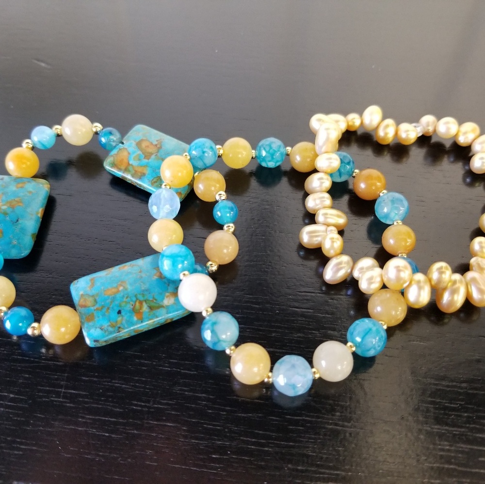 Stretch bracelets set of 3pcs Agate and Pearls